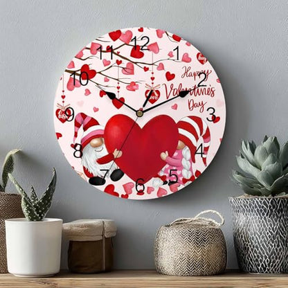 Happy Valentine's Day Silent PVC Wall Clock 12 Inch Gnomes Round Wall Clock Red Love Heart Tree Hanging Clock for Kitchen Non Ticking Battery Operated Living Room Pink Mute Clock - color: Gnomecbt5750, size: 12x12inch(30x30cm)