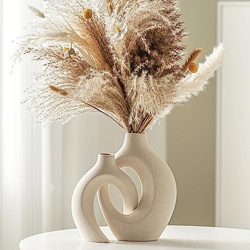 Lvases Snuggle Hollow Ceramic Vase Set of 2, Boho Home Decor for Tabletop | Modern Nordic Flower Vase for Pampas Grass, Decorative Coffee-Table Centerpiece for Living Room, 6.3 x 8.4 in, Milky White - color: Large Cream White