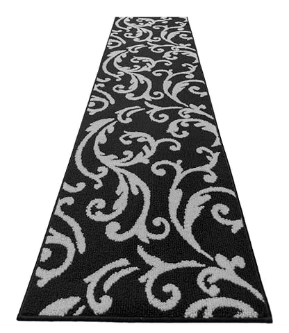 Hallway Runner Rug Non Slip Rubber Backing, 26 inch x 6 ft, Scroll, Black & White, Heavy Duty Berber Style Carpet Runner for Entryway, Kitchen, Bathroom, Bedroom, Laundry Room. - color: Scroll Black, size: 6 Foot Long Runner Rug