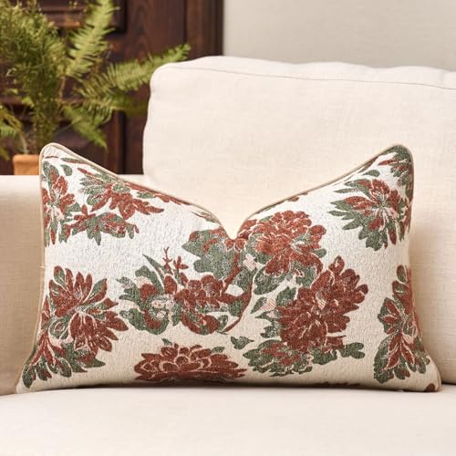 Rust Floral Lumbar Throw Pillow Cover 12x20 Fall Vintage Flower Pillow Cover Farmhouse Cushion Cover Neutral Summer Outdoor Chenille Pillowcase Home Decor for Couch Sofa Bedroom Living Room - color: F-rust, size: 20" x 12" (Pack of 1)