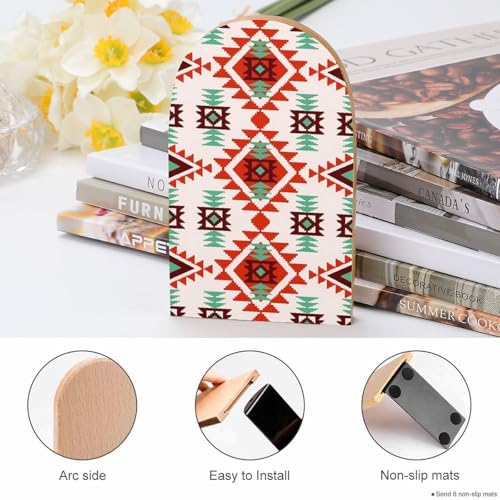 Heavy Duty Non-Slip Beech Wood Bookends, 1 Pair Adjustable Book Ends with Metal Base, Sturdy Book Organizer for Shelves, Home Office Library Tribal Aztec Style Abstract Geometric - color: Tribal Aztec Style Abstract Geometric