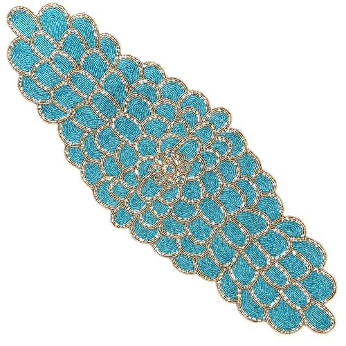 Beaded Table Runner, Blue & Gold, 13x36 | Handmade floral pattern, 85% glass beads, polyester backing, non-slip, dining/console/coffee table, weddings, holidays - color: Teal Gold, size: 36"x13"