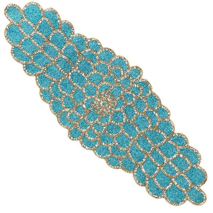Beaded Table Runner, Blue & Gold, 13x36 | Handmade floral pattern, 85% glass beads, polyester backing, non-slip, dining/console/coffee table, weddings, holidays - color: Teal Gold, size: 36"x13"