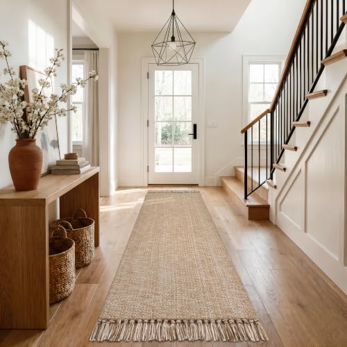 Long Hallway Runner Rug 2.6' x 8', Washable Runner Indoor Entryway Rug, Tan Braided Woven Kitchen Runner Rugs Low-Profile Front Door Floor Carpet for Laundry Room Bedroom Doorway | Tan/Cream Braided Woven Kitchen Runner Rugs, Low-Profile Front Door Floor