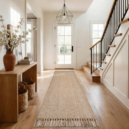 Long Hallway Runner Rug 2.6' x 8', Washable Runner Indoor Entryway Rug, Tan Braided Woven Kitchen Runner Rugs Low-Profile Front Door Floor Carpet for Laundry Room Bedroom Doorway | Tan/Cream Braided Woven Kitchen Runner Rugs, Low-Profile Front Door Floor
