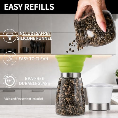 Premium Salt and Pepper Grinder Set of 2, 6 oz Refillable Glass Salt and Pepper Shakers with Adjustable Ceramic Grinder, Manual Pepper Mill Set Includes Funnel & Cleaning Brush, Transparent Lid - color: White, size: 2.6"W x 5"H