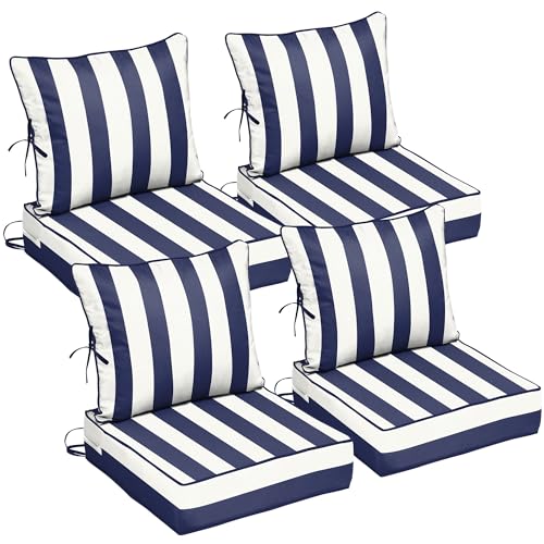 22x24 Outdoor Chair Cushions Set of 4, Waterproof Deep Seat Cushions for Patio Furniture with Removable Cover, Fade Resistant 4'' Outdoor Seat Cushion w/Ties&Handle for Sofa Loveseat,Blue Stripes - color: Blue Stripe, size: 22x24x4in-4Set