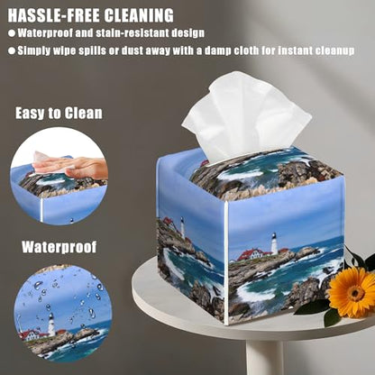 Leather Tissue Box Holder Seaside Lighthouse Tissue Box Cover Facial Paper Case Organizer Cube Napkin Dispenser for Bathroom Vanity Countertop Night Stand Office Car - color: Seaside Lighthouse