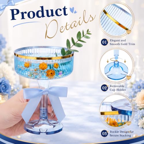 Mifoci 24 Sets 10oz Plastic Martini Coupe Cup with Bow Wine Charm Champagne Tower Cup With Gold Rim Cocktail Glasses for Wedding Bachelorette Birthday Outdoor Party Bar