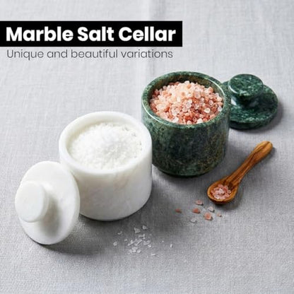 Marble Salt Cellar with Lid - Stone Salt Container for Countertop, Salt Box Keeper for Kitchen Counter, 3.5 oz OceanicX Marble Cellar (White Jungle Green) - color: White Jungle Green
