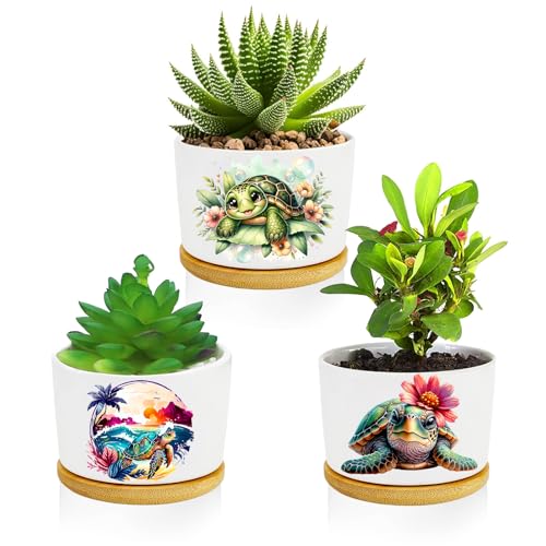 3Pcs Turtle Succulent Pots with Drainage and Bamboo Tray,Ceramic Pot 3 Inch | Small Planters for Plants,Cactus,Decoration for Office Home,Windowsill,Turtle Gifts for Women Mom (No Plants Included) - style: Turtle