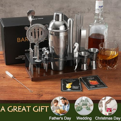 23-Piece Cocktail Shaker Set with Stand, 304 SS, Bartender Kit Gift | Complete Home Bar Set: Leak-proof Shaker, Jigger, Muddler, 18/8 Steel, Gift for beginners, cocktail lovers & house parties - color: Chocolate