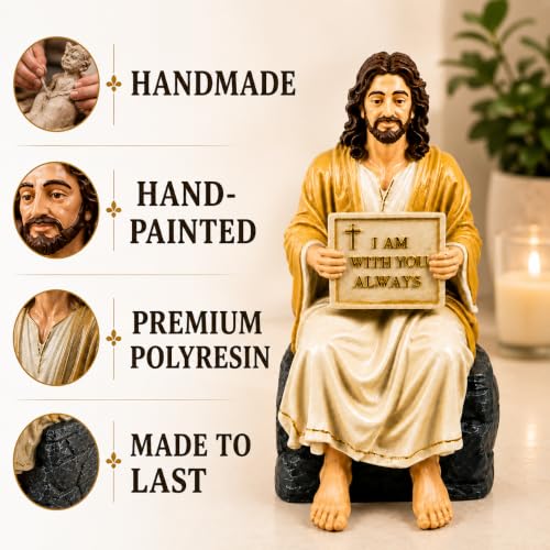 Jesus Christ Statue Peaceful | Handcrafted Polystone Marble Figurine with I Am with You Always Plaque | Christian Home Décor Jesus Resin Idol for Home, Prayer Corner, Altar & Gifting