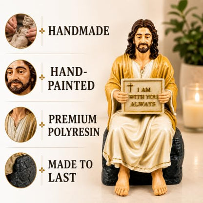Jesus Christ Statue Peaceful | Handcrafted Polystone Marble Figurine with I Am with You Always Plaque | Christian Home Décor Jesus Resin Idol for Home, Prayer Corner, Altar & Gifting