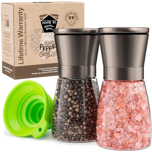 Home EC Original Gun Metal Bronze Salt and Pepper Grinder Set of 2 - Adjustable Ceramic Grinder - Glass Salt and Pepper Shakers With Funnel and Ebook - Spice Mill - Bronze Kitchen Accessories - color: Gunmetal Bronze Top/Clear Glass, size: 2pk