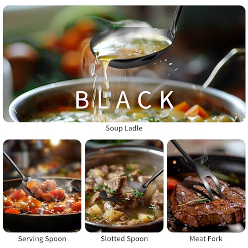 304 Stainlss Steel Matte Kitchen Utensils Set, 11 Pcs Long Metal Cooking Utensil Gadgets Tools Set with Spatula, Ladle, Spoon, Skimmer, Turner, Pasta Server, Tongs(Black, Dishwasher Safe) - size: 11Pcs-Black
