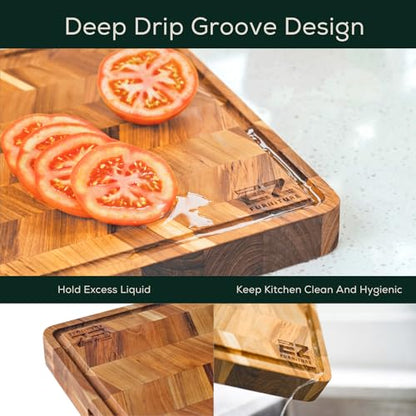 EZ FURNITURE Extra Large (XL) Teak Edge Grain Cutting Board, Reversible, Knife-Friendly Charcuterie Butcher Block, Juice Groove & Handles, Non-Toxic, Gift Box Included (Herringbone, 24" x 18" x 1.5") - color: XL - Herringbone 1.5", size: 24"L x 18"W