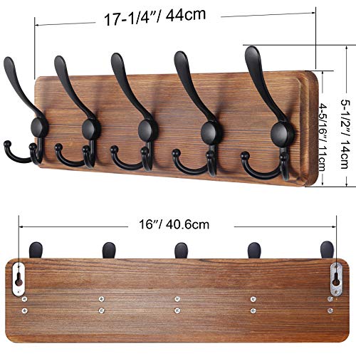 SKOLOO Rustic Coat Rack Wall Mount, 16" Stud Spacing, Solid Wood, Brown | Farmhouse style, 5 Triple Hooks, 100lbs capacity, for backpack jacket coat hat, wall mount, hardware included,rustproof hooks - color: Brown Plate & Black Hook, size: 1 Item-5 Hooks