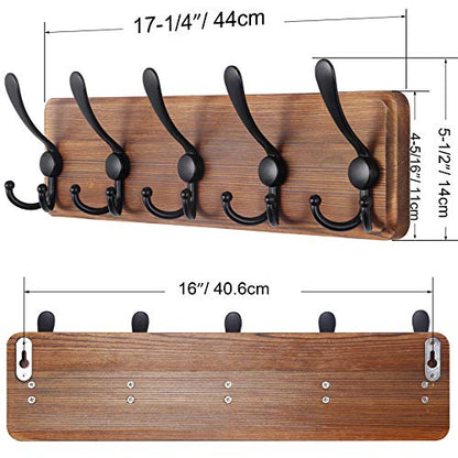 SKOLOO Rustic Coat Rack Wall Mount, 16" Stud Spacing, Solid Wood, Brown | Farmhouse style, 5 Triple Hooks, 100lbs capacity, for backpack jacket coat hat, wall mount, hardware included,rustproof hooks - color: Brown Plate & Black Hook, size: 1 Item-5 Hooks