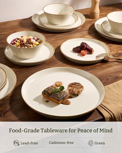 Famiware Saturn Stoneware Dishes Dinnerware Set for 8, Rimmed Plates, Bowls | Vanilla White, 24-Piece Ceramic Kitchenware, Chip and Scratch Resistant, Microwave & Dishwasher Safe, Modern Rustic Tableware - color: Vanilla White, size: 24