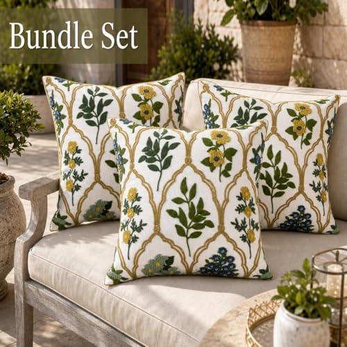YIcabinet Pillow Covers Set of 2, Embroidered Leaf Flower Pattern Throw Pillow Cover,Square Cotton Cushion,Pillow Case for Sofa Bedroom Couch,18"x18" - color: Green05