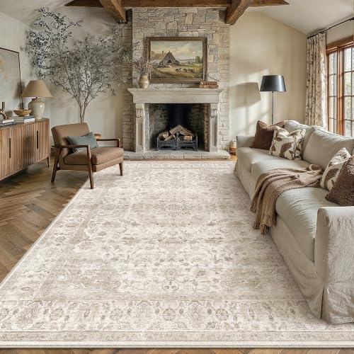 Area Rug 8x10 Beige Vintage Floral Washable Farmhouse Style | Non-Slip, Low Pile, Distressed Medallion Carpet, Indoor Accent Throw Rug for Large Living Room Bedroom Dining Room - color: Vintage Beige, size: 8' x 10' (Rectangular)