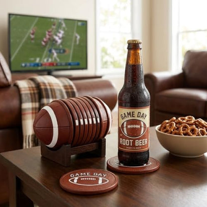 Football Coasters - 6 Full-Size Gridiron Rustic American Football Coasters | Non-Slip for Log Cabin, Man Cave, Bar & Farmhouse Decor | Protect Furniture - style: Football