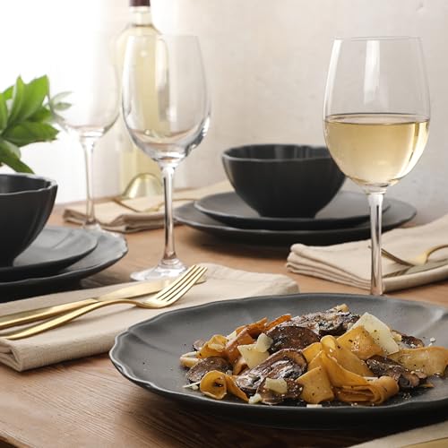 Gibson Elite Vista Rossio - Made In Portugal - 12 Piece Dinnerware Set for 4, Black Ceramic Plates and Bowls Sets, Stoneware Dishware Set with Scalloped Edge, Dinner Plates Salad Plates & Cereal Bowls - color: Black (Vista Rossio Dinnerware)