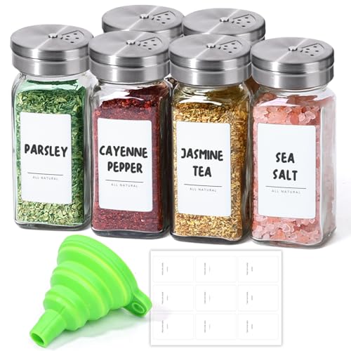 ComSaf Glass Spice Jars with Shaker Lids 4 oz 6 Pack Square | Labels, Seasoning Herbs Powders, Salt Pepper Chili, Spice Rack Organization, Kitchen Cabinet Storage, Funnel Included - color: 4oz*6 Shaker Lids