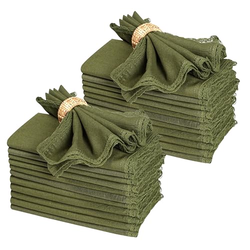 Ramanta Home Olive Green Linen Napkins Set of 24, 18x18 Inches | Flax Lace Cotton Linen Cloth Napkins Reusable Decorative Napkins for Weddings, Everyday Use - color: Olive Green, size: 18" x 18" (Set of 24)