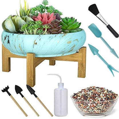 Succulent Pots, 10 Inch Ceramic Bonsai Pots with Drainage, Shallow Planters | Large Pots for Cactus Flower Plants Plus Succulent Planting Tools Set & 2.2lb Mix Pebbles - color: Lake Blue With Tools