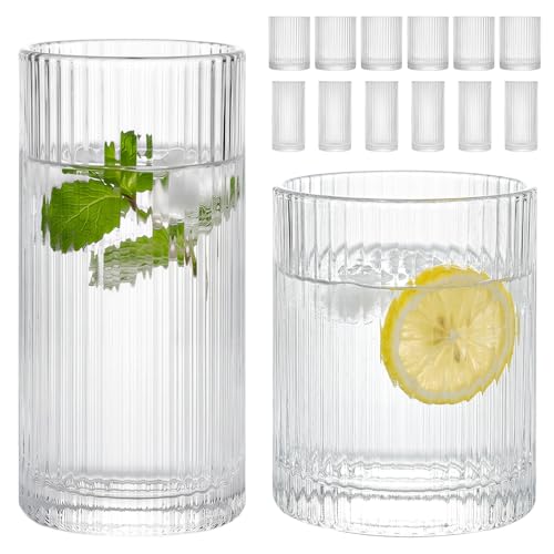 Moretoes Ribbed Drinking Glasses Set of 12,Water Glass Cups | Mixed Glassware Set,6 Highball Glasses 12 Oz, 6 Rocks Glass 13 Oz, Kitchen Bar Tumbler for Wine, Juice, Ice Coffee, Whiskey - color: Ribbed, size: 12oz +13oz