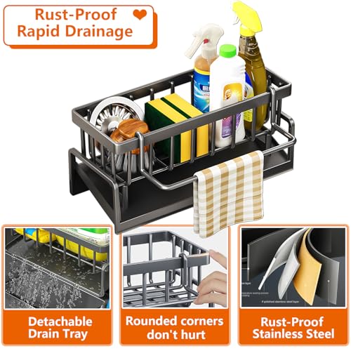 Kitchen Sink Caddy Organizer, Stainless Steel Sink Sponge Holder,45°Tilt Self-Drainage, Sponge Drain Rack with Dish Brush Holder,Removable Dishcloth Rack for Kitchen Storage Dispenser,Grey
