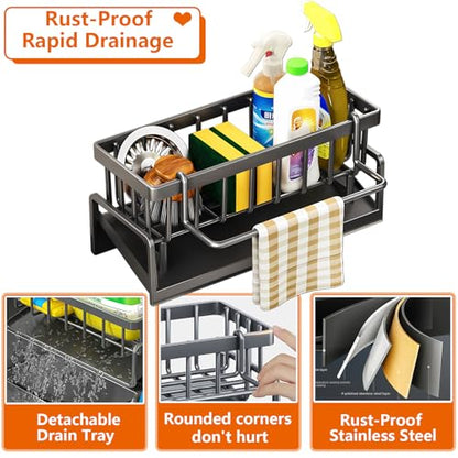Kitchen Sink Caddy Organizer, Stainless Steel Sink Sponge Holder,45°Tilt Self-Drainage, Sponge Drain Rack with Dish Brush Holder,Removable Dishcloth Rack for Kitchen Storage Dispenser,Grey