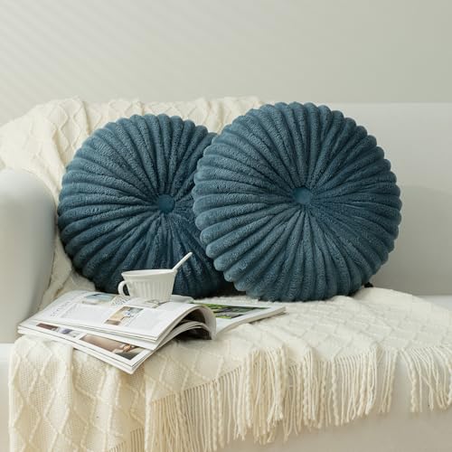 HIG Set of 2 Dusty Blue Flannel Decorative Round Pleated Throw Pillows | Vintage Floor Pillows, Classy Accent Pumpkin with Center Button, for Sofa Couch Vanity Chair Bed, 14.5" Diameter - color: F-dusty Blue