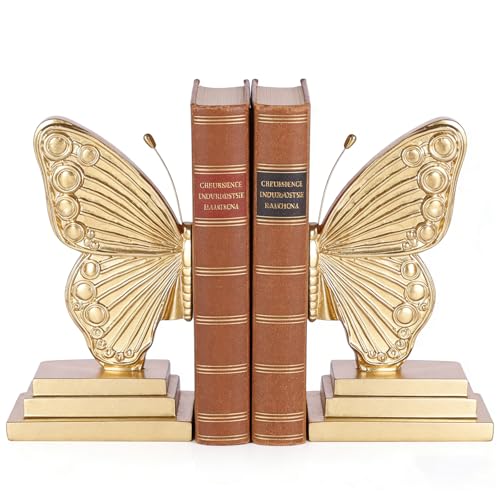 Vintage Gold Butterfly Bookends, Heavy Duty Resin Book Ends for Shelves, Decorative Butterfly Book Stopper for Living Room, Office, Shelf Decor, Cute Desk Bookends for Home, Bookshelf