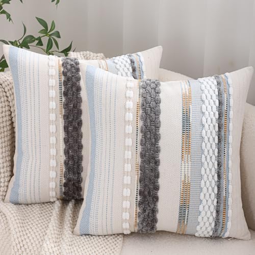Boho Throw Pillow Covers 18x18 Set of 2 Grey Blue White | Durable Fabric,Stripe Pillow Covers,Farmhouse Cushion Case,Chenille Pillow Cases,Neutral Pillowcase for Sofa Couch Bed - color: Grey Blue White Stripe, size: 18" x 18" (Pack of 2)