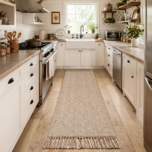 Long Hallway Runner Rug 2.6' x 10', Washable Runner Indoor Entryway Rug, Tan/Cream Braided Woven Kitchen Runner Rugs Low-Profile Front Door Floor Carpet for Laundry Room Bedroom Doorway | Tan/Cream Braided Woven Kitchen Runner Rugs, Low-Profile Front Door