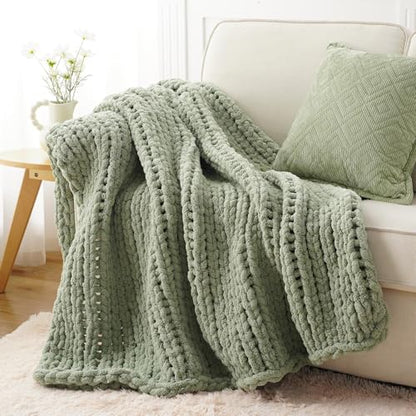 Sage Green Chunky Knit Throw Blanket, Knit Throw Blanket for Couch 50"x60" | Handmade Cable Knit Crochet Blanket, Cozy Knot Green Knitted Throw Blankets, Light Green Chenille Blanket for Bed Sofa Home - color: Light Green