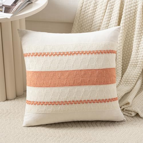 Fancy Homi Set of 1 Boho Coral Decorative Throw Pillow Cover 16x16 Inch for Couch Bed Sofa, Aesthetic Modern Organic Farmhouse Home Decor, Soft Cotton Cute Accent Macrame Woven Cushion Case - color: Coral, size: 16" x 16" (Pack of 1)