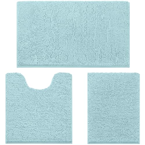 HOMEIDEAS 3 Pieces Bathroom Rugs, Ultra Soft Non Slip Absorbent Chenille Toilet Bath Mat Set (Light Blue) - color: Blue-light Blue, size: 17"x24"+20"x32"+U Shape 20"x24"