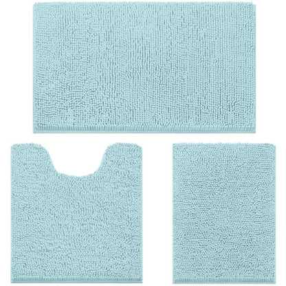 HOMEIDEAS 3 Pieces Bathroom Rugs, Ultra Soft Non Slip Absorbent Chenille Toilet Bath Mat Set (Light Blue) - color: Blue-light Blue, size: 17"x24"+20"x32"+U Shape 20"x24"