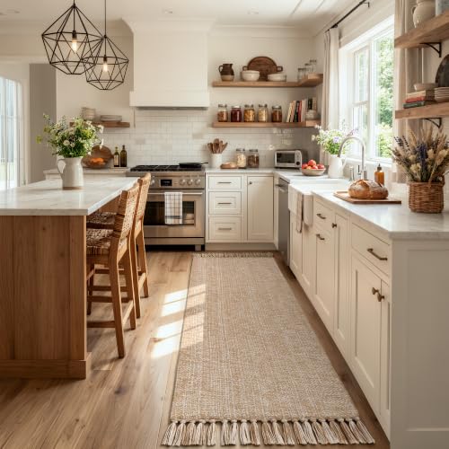 Long Hallway Runner Rug 2.6' x 8', Washable Runner Indoor Entryway Rug, Tan Braided Woven Kitchen Runner Rugs Low-Profile Front Door Floor Carpet for Laundry Room Bedroom Doorway | Tan/Cream Braided Woven Kitchen Runner Rugs, Low-Profile Front Door Floor