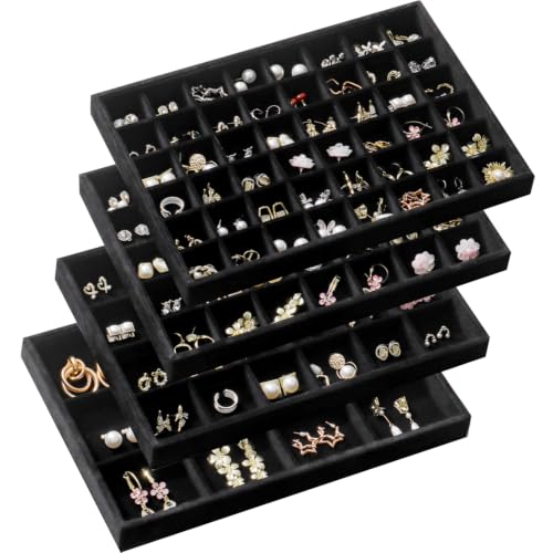 Large Velvet Jewelry Drawer Organizer Trays Set of 4 | Stackable Jewelry Trays Organizer Display Storage Showcase for Earring Necklace Bracelet Ring (Black, 12+24+35+48 Grids) - color: Black, size: 12+24+35+48 Grids