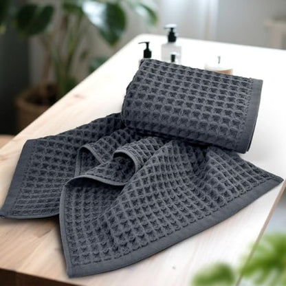 Jacquotha Waffle Hand Towels for Bathroom 2-Piece (Charcoal Blue) | Cotton Quick Dry Lint Free Face Towels 13” x 29” - color: Charcoal Blue