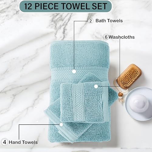 HILLFAIR 12-Piece Cotton Bath Towel Set - 600 GSM - Hotel Spa Towels - 2 Bath, 4 Hand, 6 Washcloths - Absorbent Soft Cotton - Ocean Blue - color: Ocean Blue, size: 12 Piece Towel Set