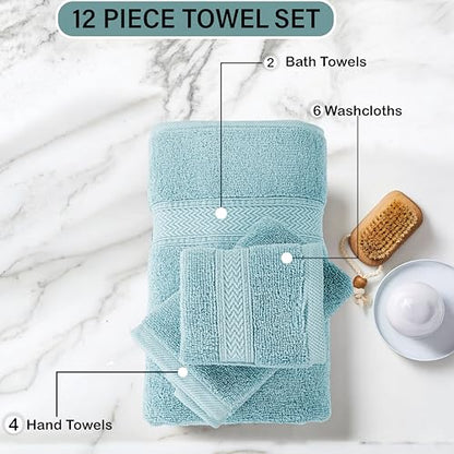 HILLFAIR 12-Piece Cotton Bath Towel Set - 600 GSM - Hotel Spa Towels - 2 Bath, 4 Hand, 6 Washcloths - Absorbent Soft Cotton - Ocean Blue - color: Ocean Blue, size: 12 Piece Towel Set