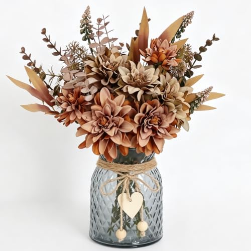 Faux Flowers in Vase,Brown Fall Fake Flowers with Vase,Silk Artificial Flower Arrangements,Rustic Flower Centerpieces for Tables,Artificial Flowers Indoor for Home Decor,Boho Flowers Decor - color: Brown