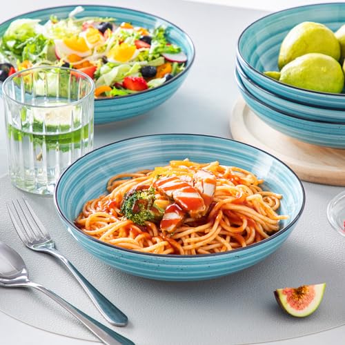 vancasso Bonbon Pasta Bowls Set of 6, 38 Oz Ceramic Salad Bowls, Wide and Shallow Bowls Set, Large Serving Bowls for Kitchen, Blue - color: Blue, size: 38 Oz