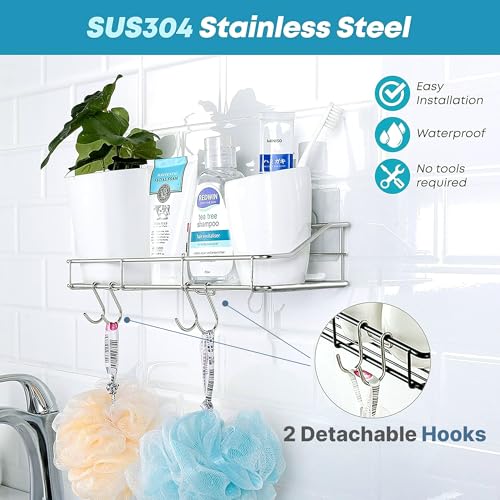 KESOL Adhesive Shower Caddy, Shower Shelf Organizer, SUS304, 2 Pack, Silver | Bathroom Organization with Hooks, Stainless Steel shower shelves - color: Silver